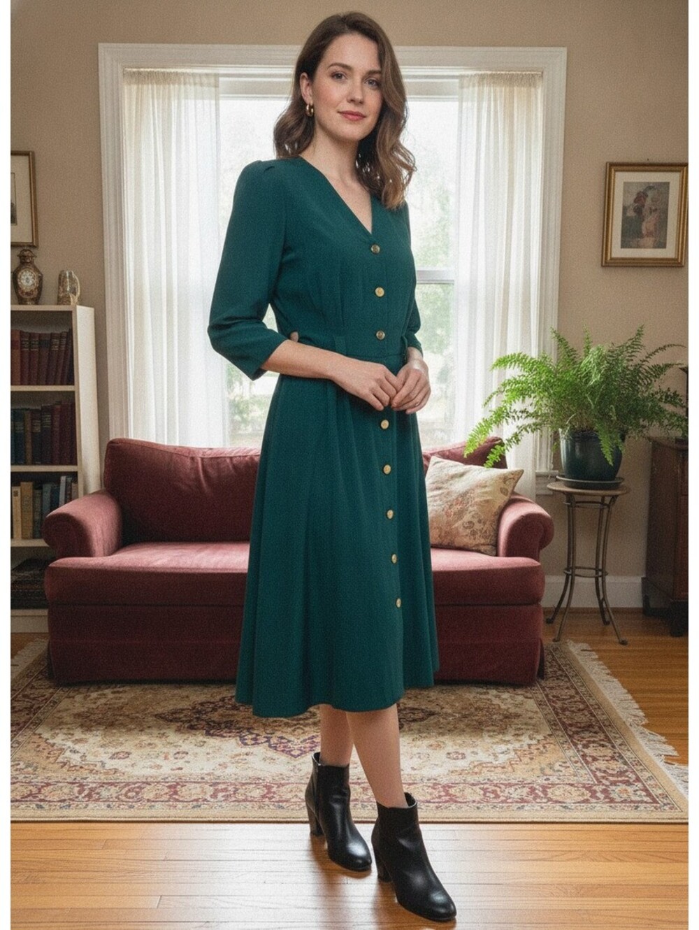 Vintage Peri Button Up Midi Dress Womens Petites 12 Gold Button Green Minimalist